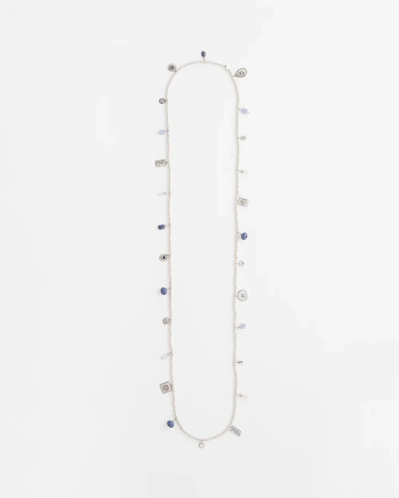 Silver-tone & Blue Stone Long Necklace