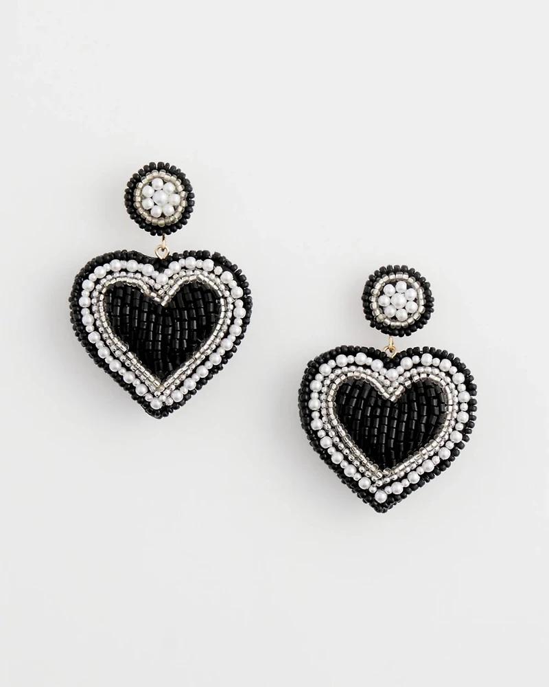 Black Beaded Heart Drop Earrings