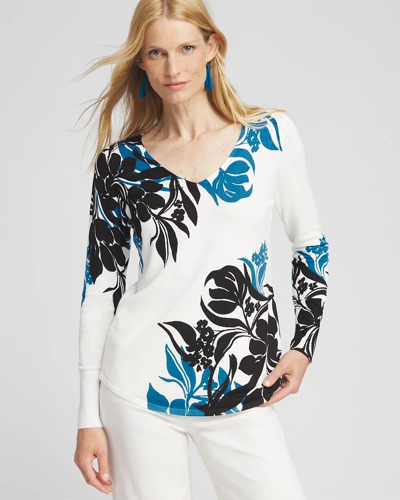 Placed Floral Print V-neck Pullover Sweater