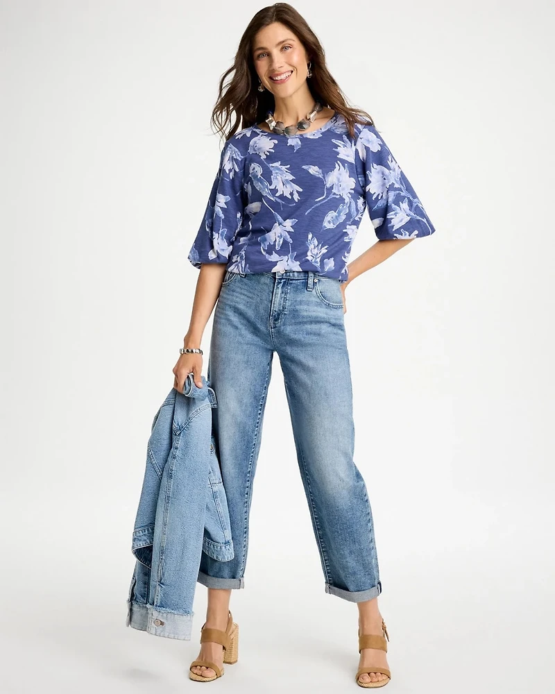 Printed Cotton Slub Poplin Pleat Sleeve Tee