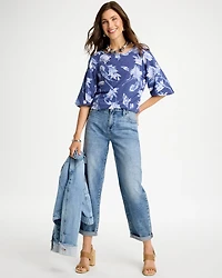 Printed Cotton Slub Poplin Pleat Sleeve Tee