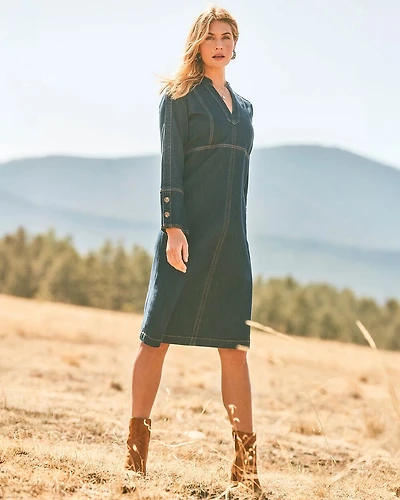 Denim Splitneck Knee-Length Dress