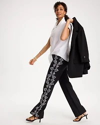 Embroidered Pull-On Wide-Leg Linen Pants
