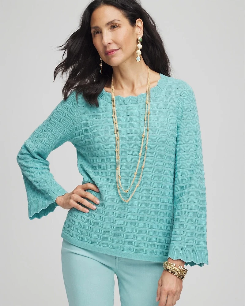 Pointelle Scalloped Hem Flare Sleeve Pullover
