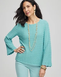 Pointelle Scalloped Hem Flare Sleeve Pullover