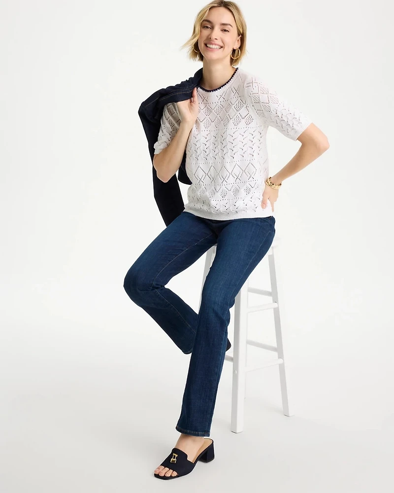 Pointelle Blanket-Stitch Pullover Sweater