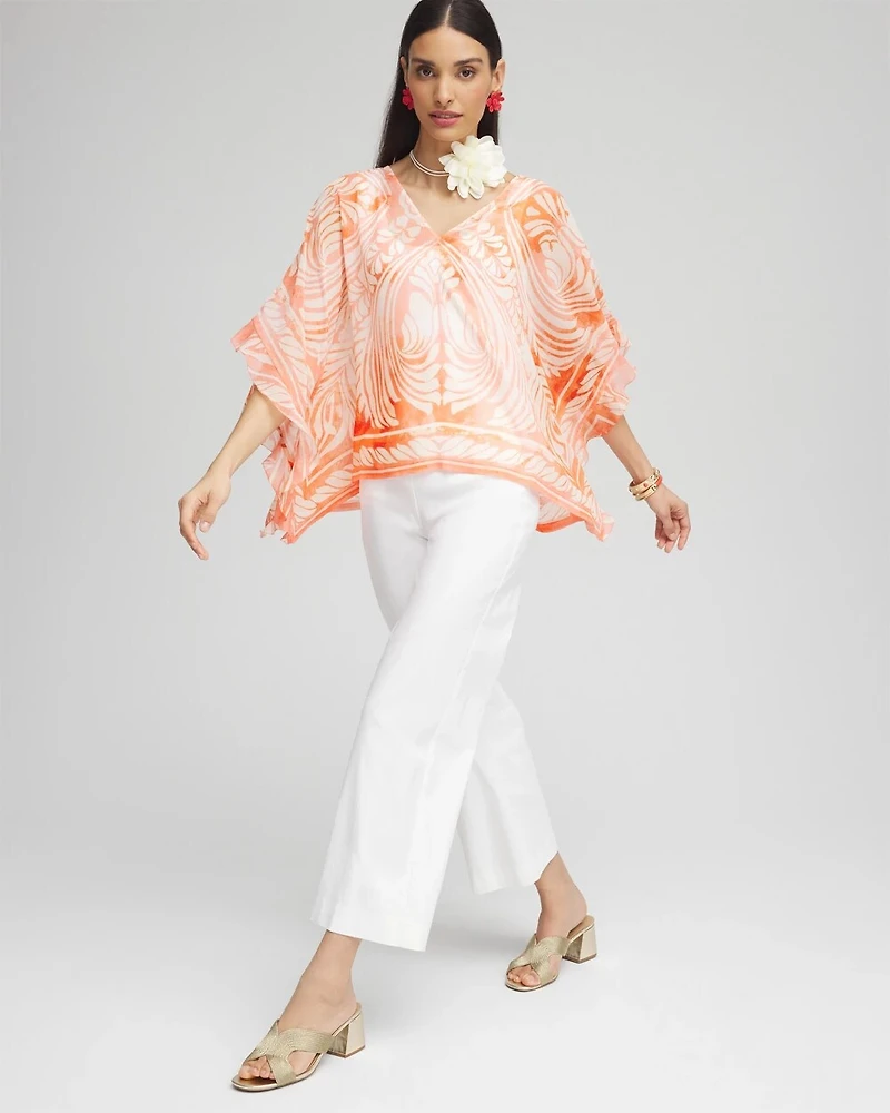 Sheer V-Neck Print Poncho