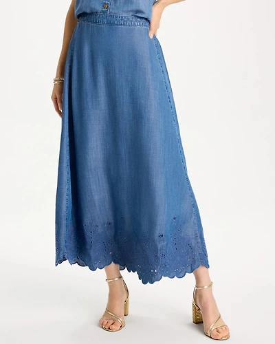 Indigo Twill Embroidered Hem Skirt