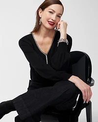 Caviar Trim V-Neck Pullover Sweater