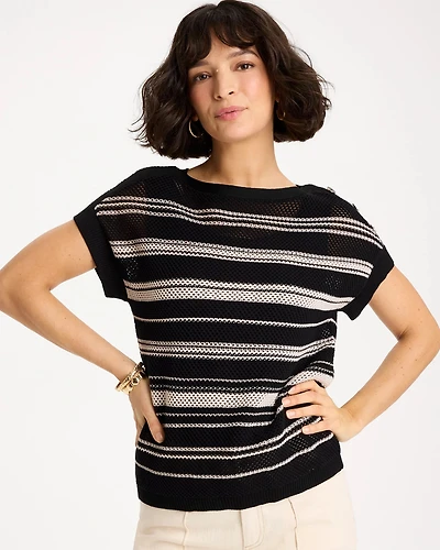 Striped Mesh Stitch Pullover Sweater
