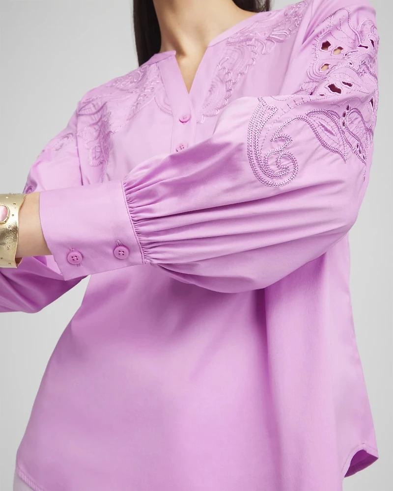 Embroidered Poplin Splitneck Shirt