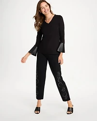 Ponte Faux Leather-Trim Bell Sleeve Top