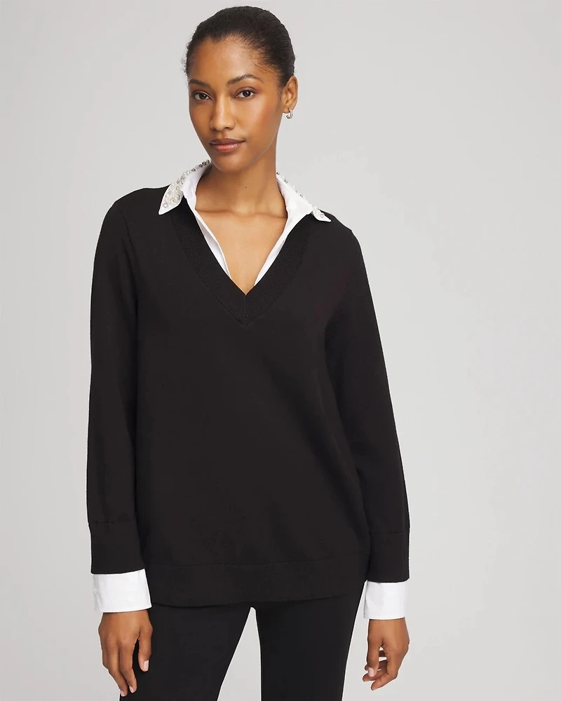 Embellished Layered Collar Shirt Sweater