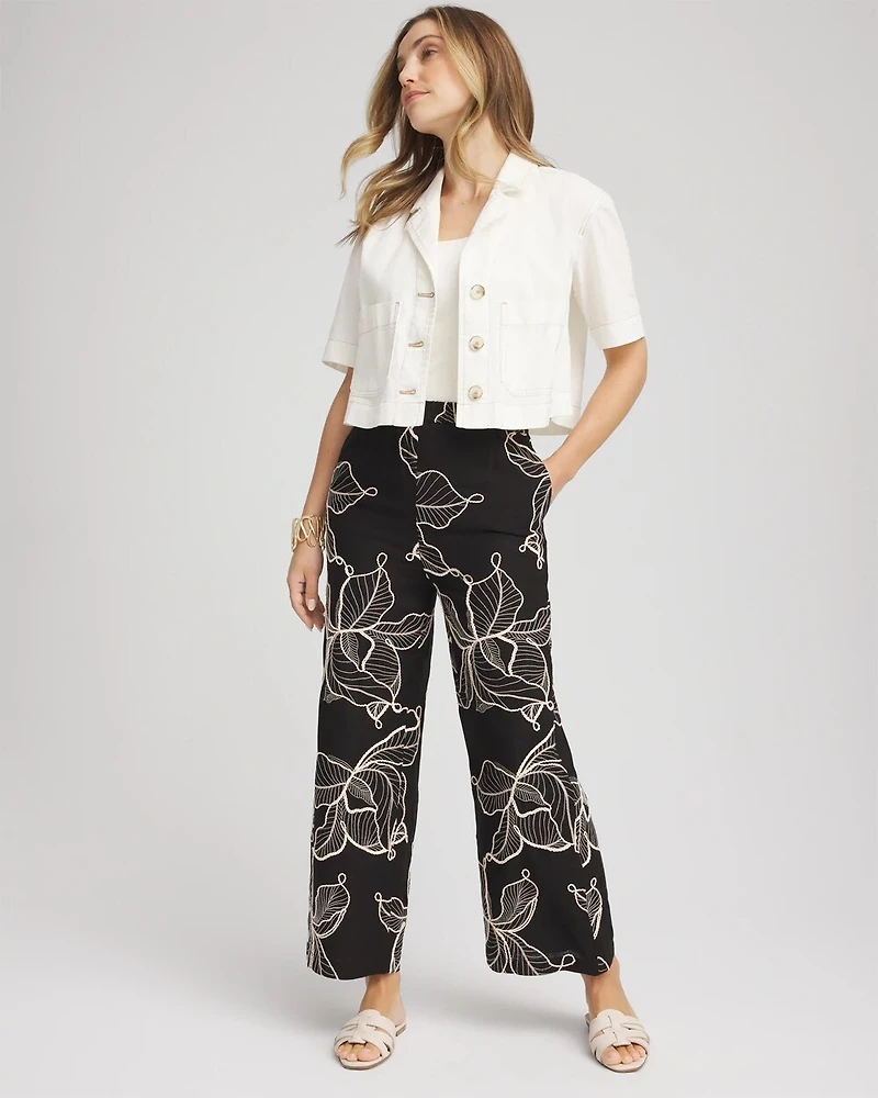 Embroidered Wide-Leg Cropped Pants