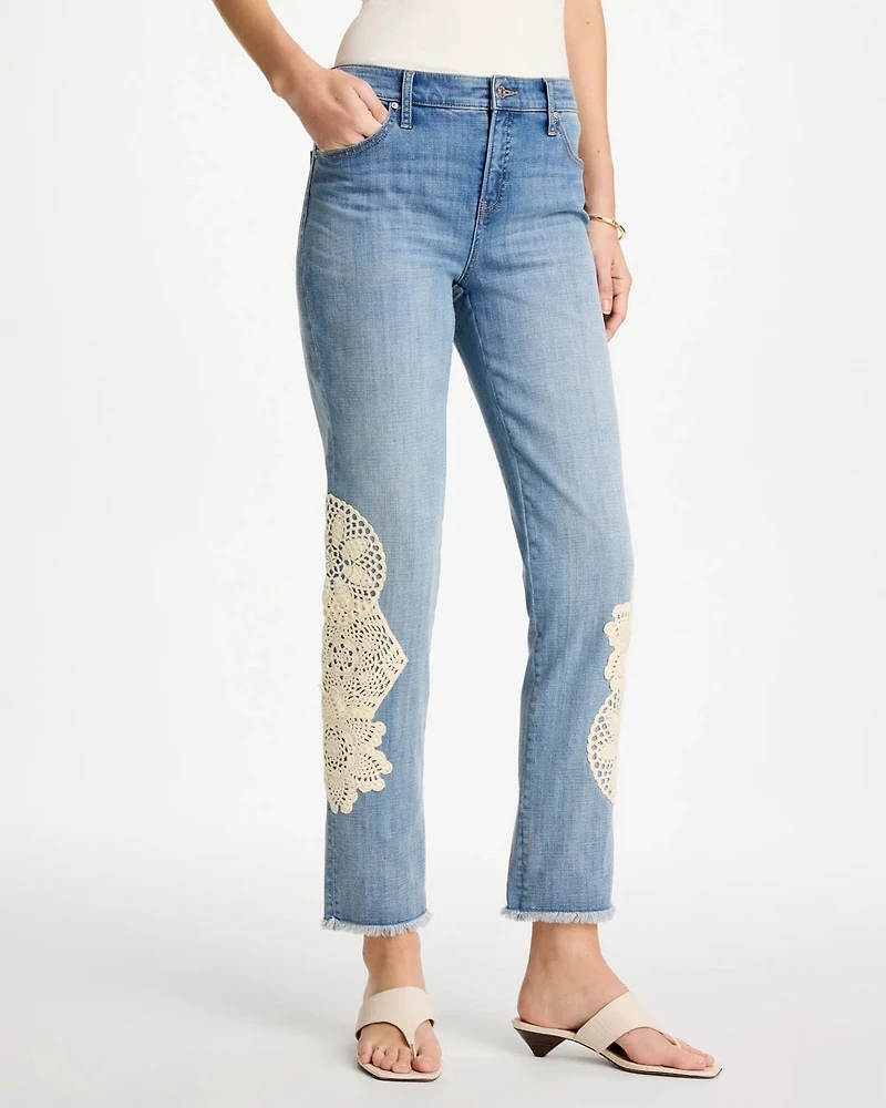 Girlfriend Slim Crochet Fray Ankle Jeans