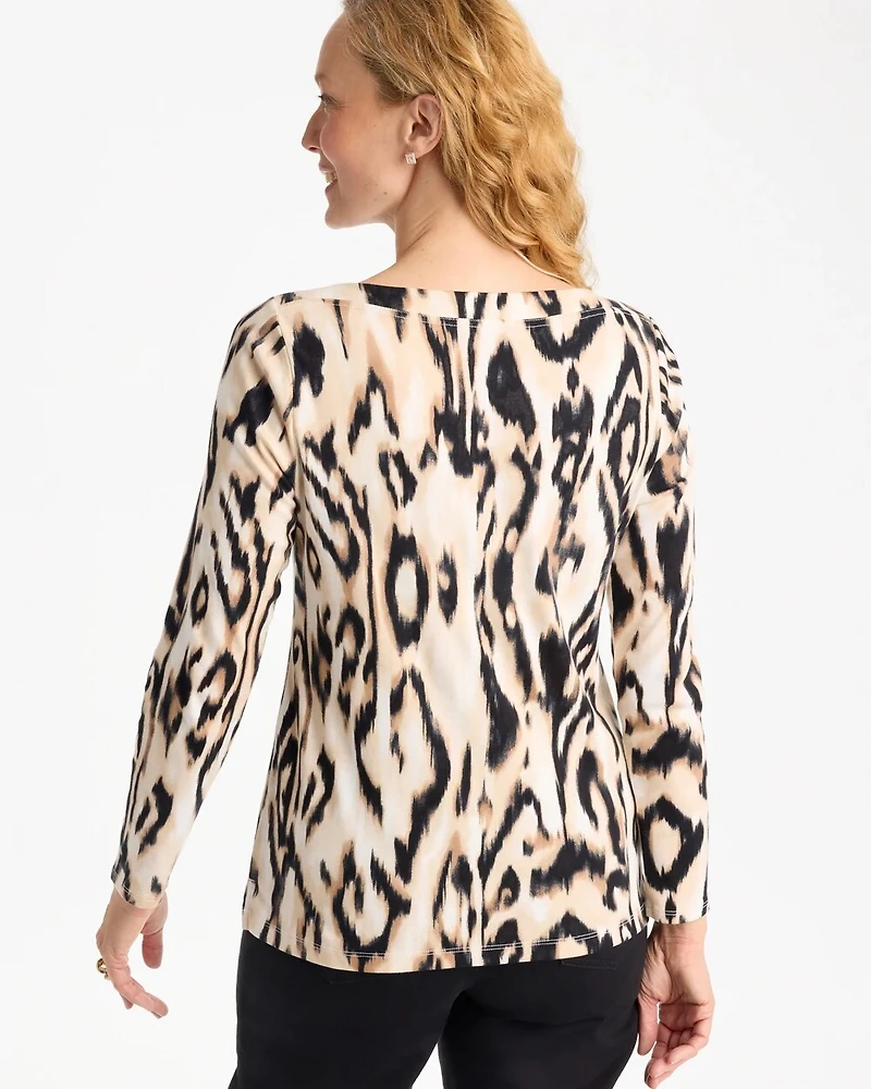 Animal Print Stretch Cotton Boatneck Tee