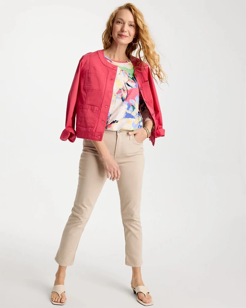 Printed Cotton Slub 3/4 Sleeve Button Tee