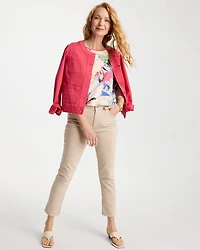 Printed Cotton Slub 3/4 Sleeve Button Tee