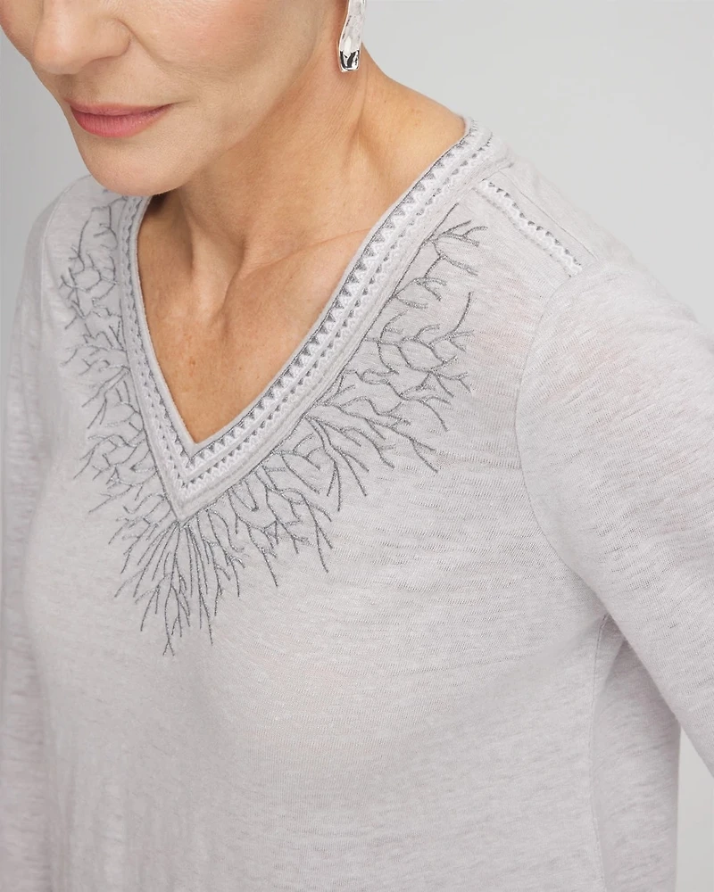 Linen Metallic Embroidered V-Neck Tunic