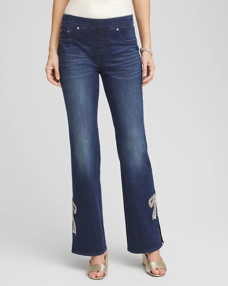 Bow Appliqué Pull-On Bootcut Jeans