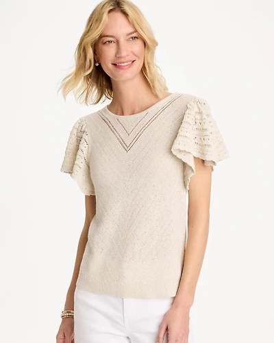 Pointelle Metallic Flutter-Sleeve Pullover