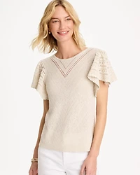 Pointelle Metallic Flutter-Sleeve Pullover