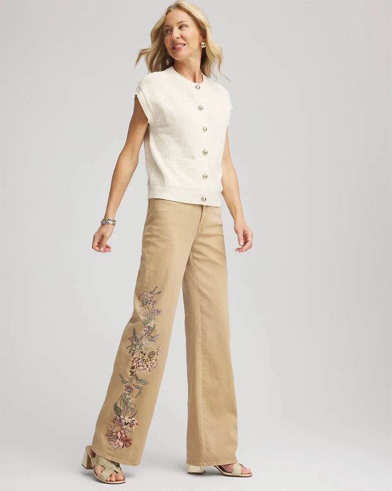 Embroidered High-Rise Wide-Leg Jeans