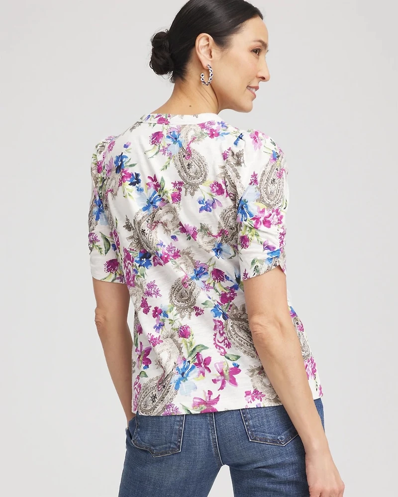 Paisley Shirred-Sleeve Henley Tee