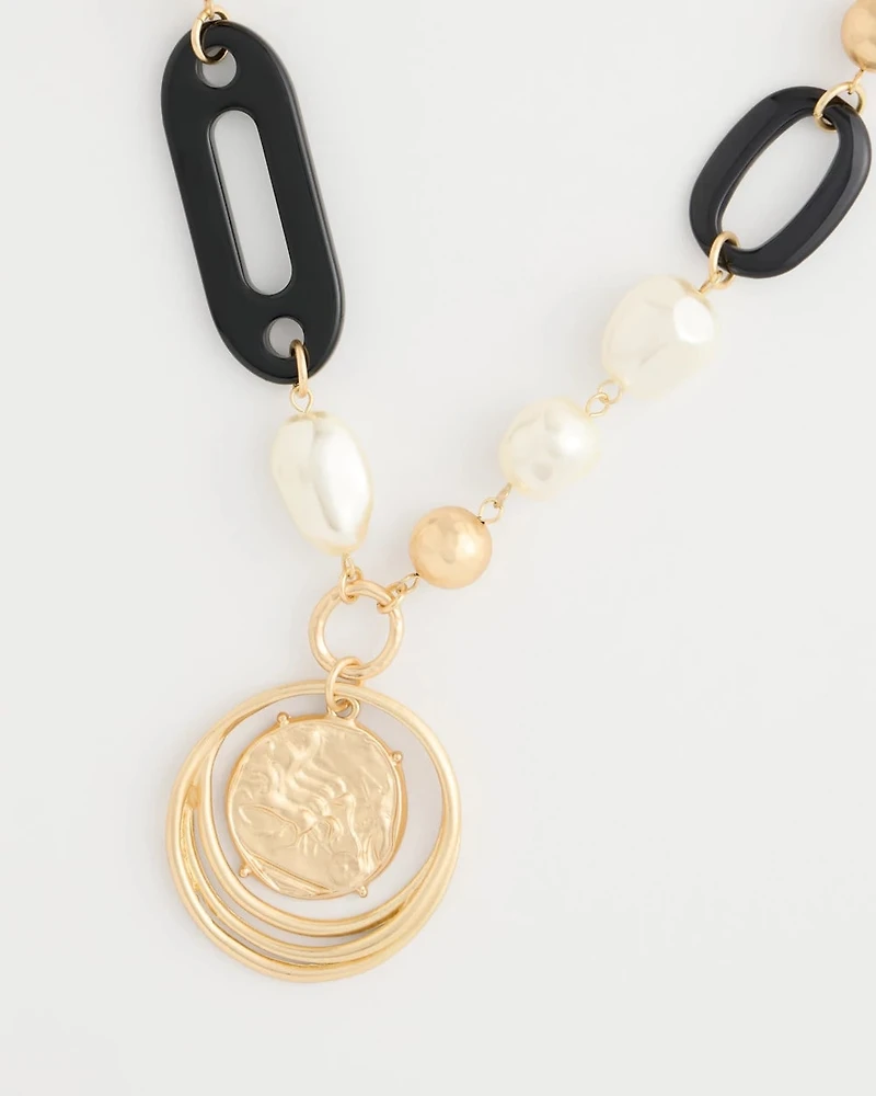 Black Bead Faux Pearl Pendant Necklace
