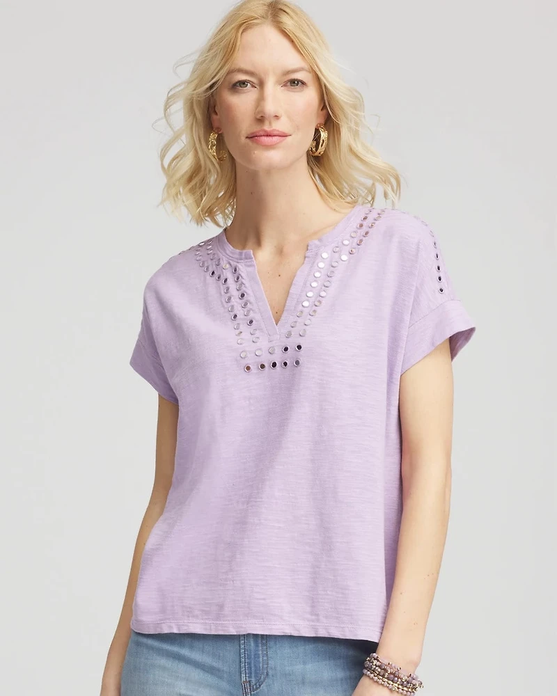 Paillette Trim Cotton Slub Tee