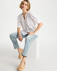 Cotton Plaid Elbow-Sleeve Shirt