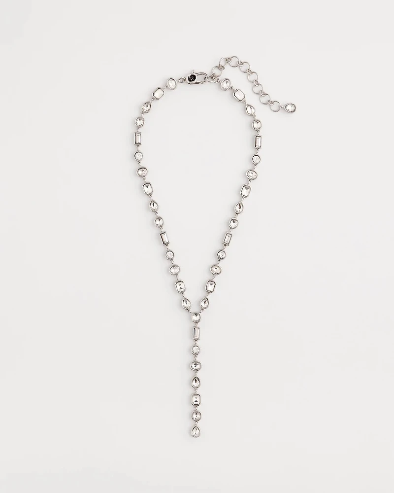 Bezel Set Silvertone Y-Necklace
