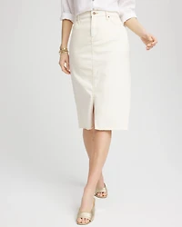 Frayed High-Rise Midi Stretch Denim Skirt