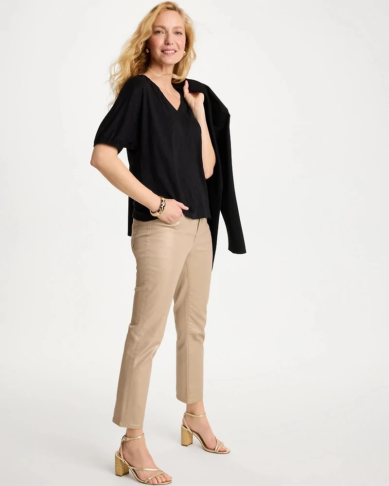 Linen Ruched V-Neck Tee