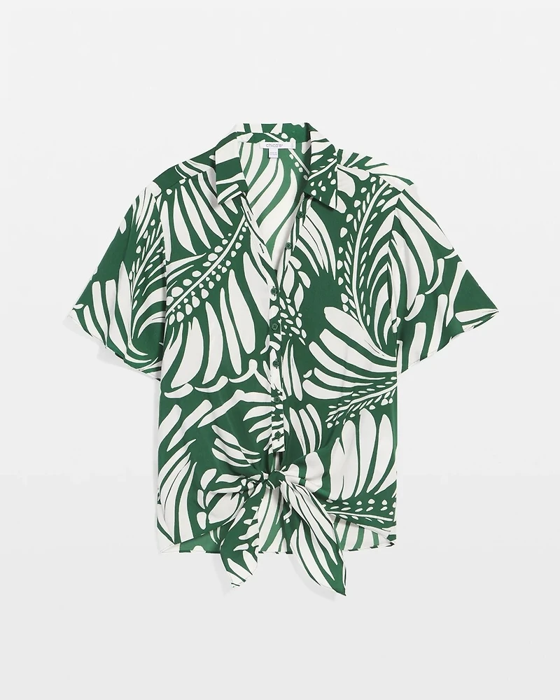 Palm Print Tie-Front Silky Top