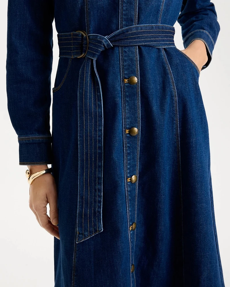 Denim Midi Trapunto-Belted Shirtdress