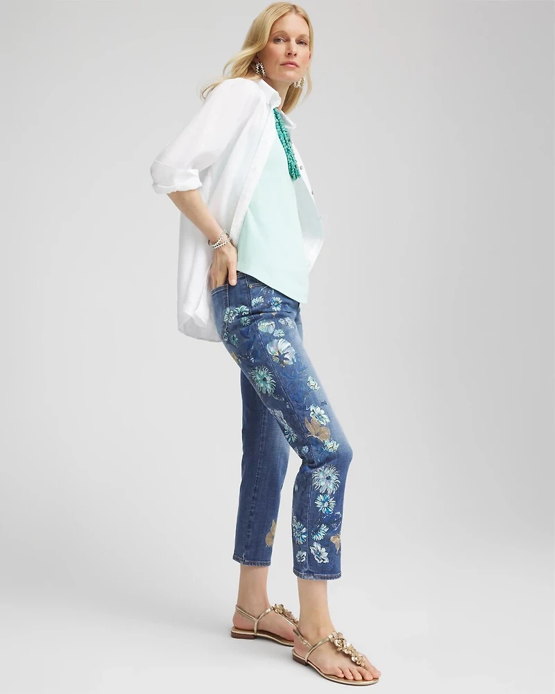Girlfriend Butterfly Printed Cropped Jeans