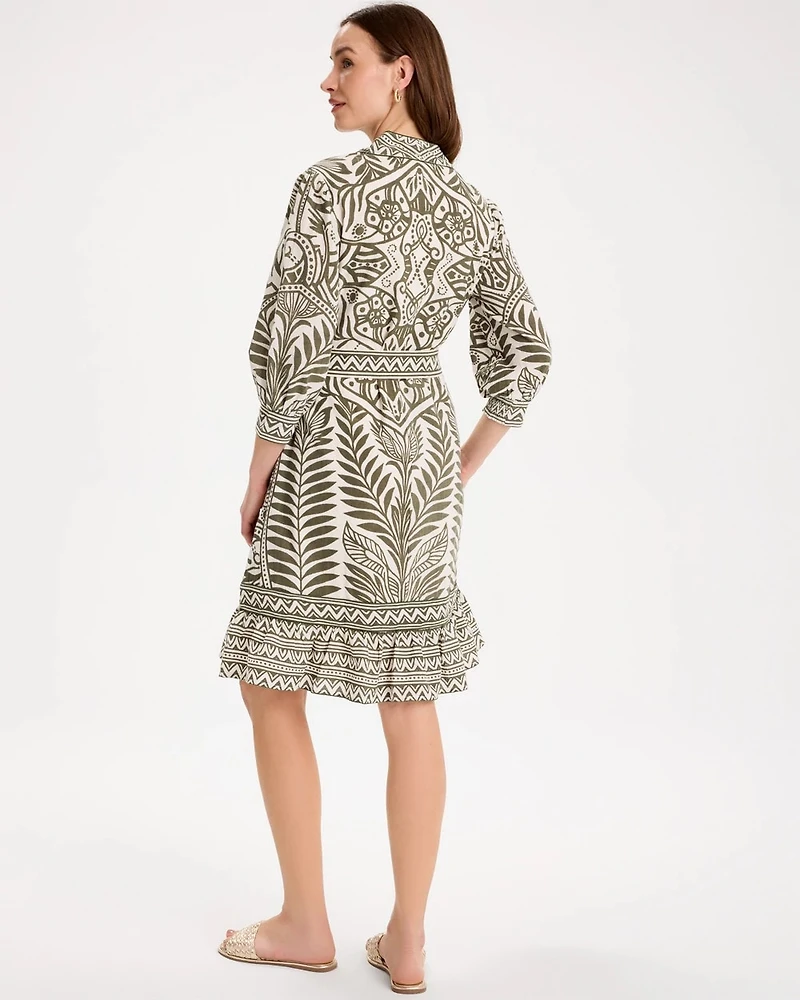 Printed Cotton-Linen Belted Dress