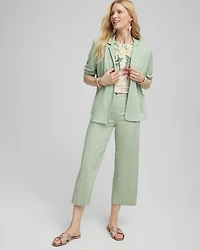Ribbed Waist Linen Blend Straight-Leg Cropped Pants