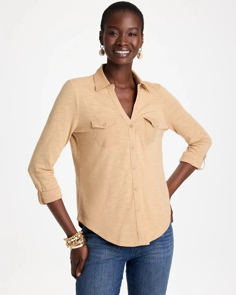 Button-Front Collared Henley Top