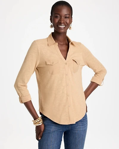 Button-Front Collared Henley Top