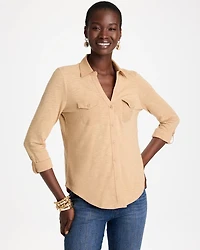 Button-Front Collared Henley Top