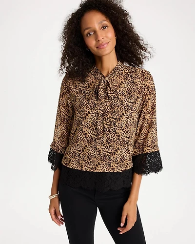 Prestige Print Lace Tie-Neck Blouse