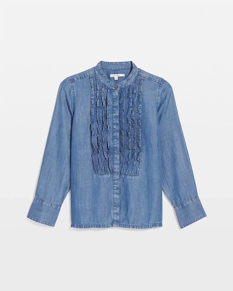Denim Ruffle Front Shirt