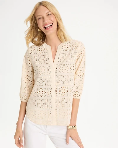Cotton Geo Eyelet 3/4 Sleeve Blouse