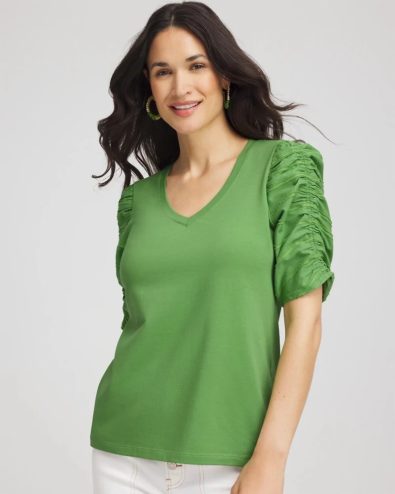 Cotton-Blend Ruched-Sleeve Top