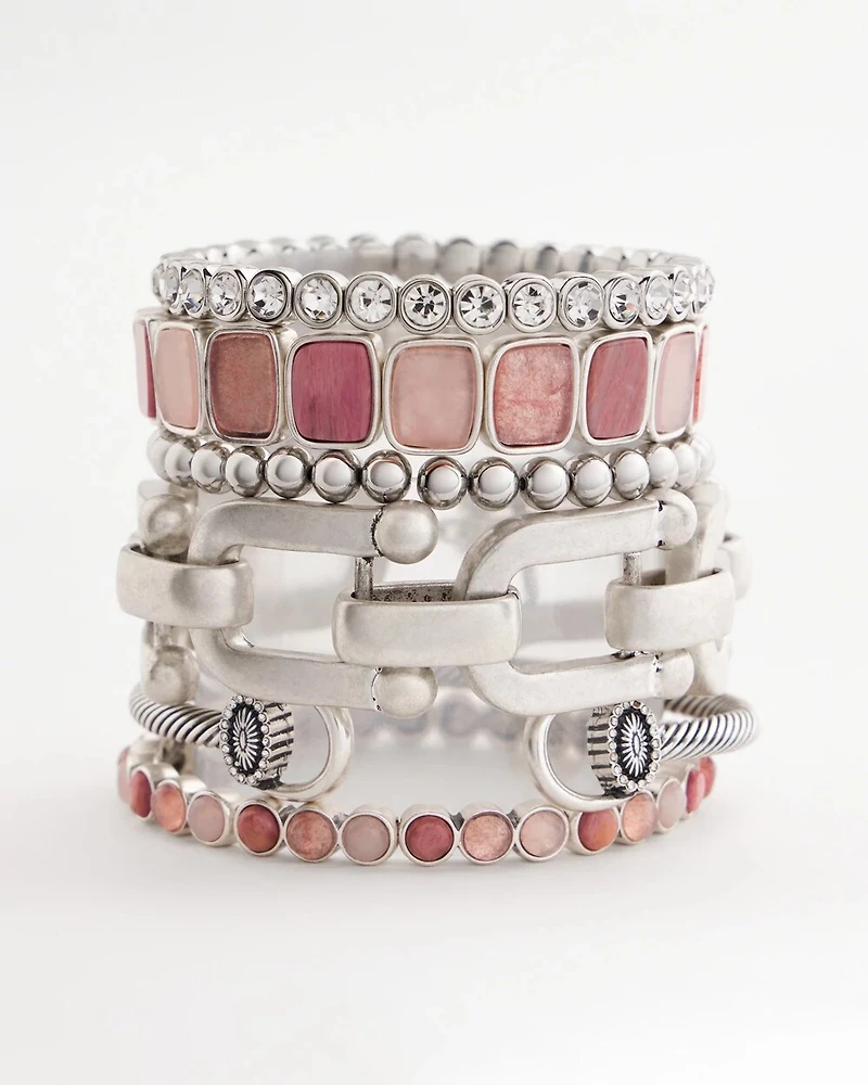 Quartz & Rhodonite Stone Silvertone Square Stretch