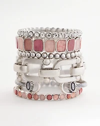 Quartz & Rhodonite Stone Silvertone Square Stretch