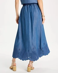 Indigo Twill Embroidered Hem Skirt