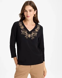 Embroidered Cotton Stretch 3/4 Sleeve Tee